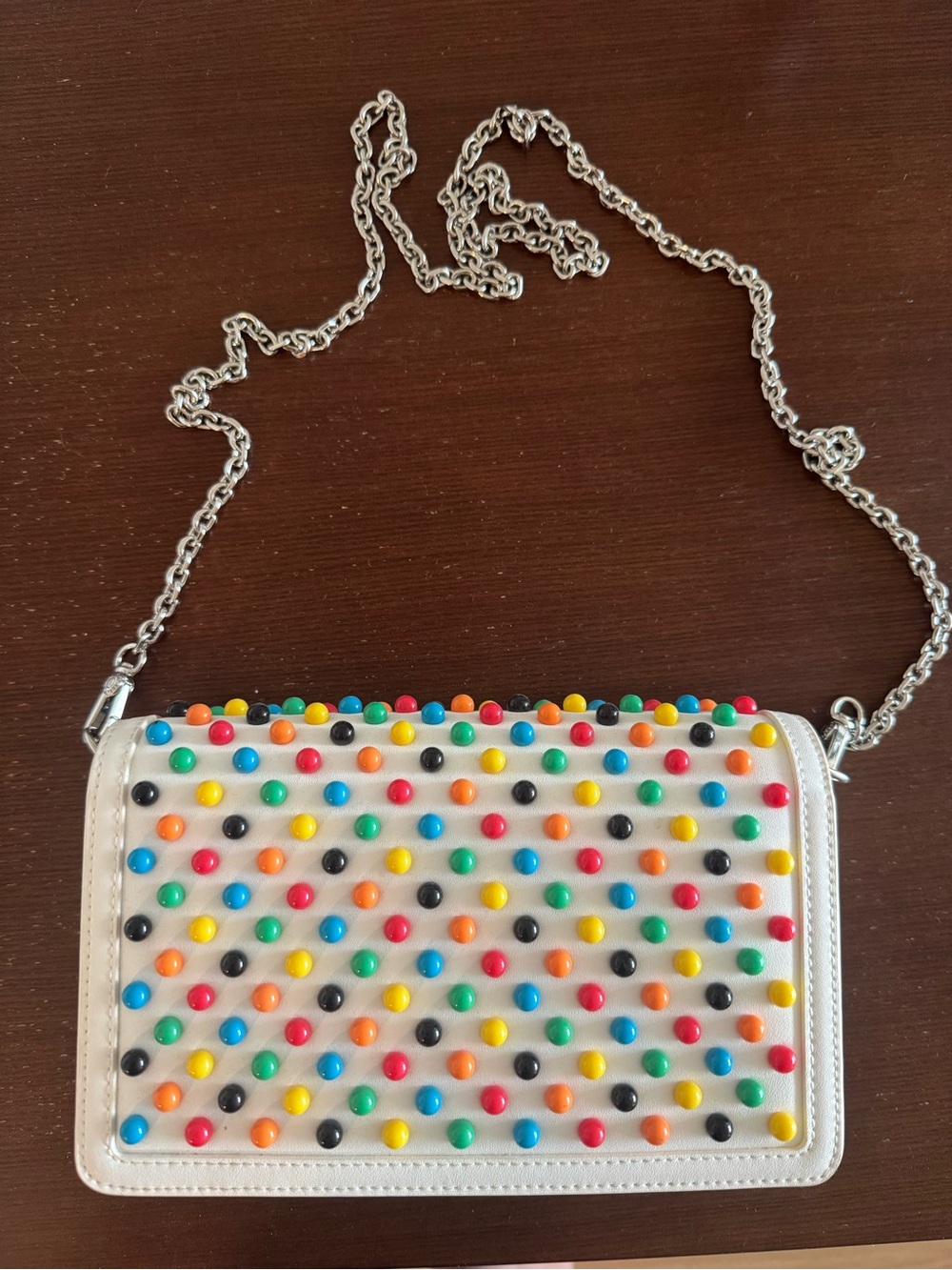 Charles & Keith White Crossbody with Multicolor Stud Dots and Silver Chain